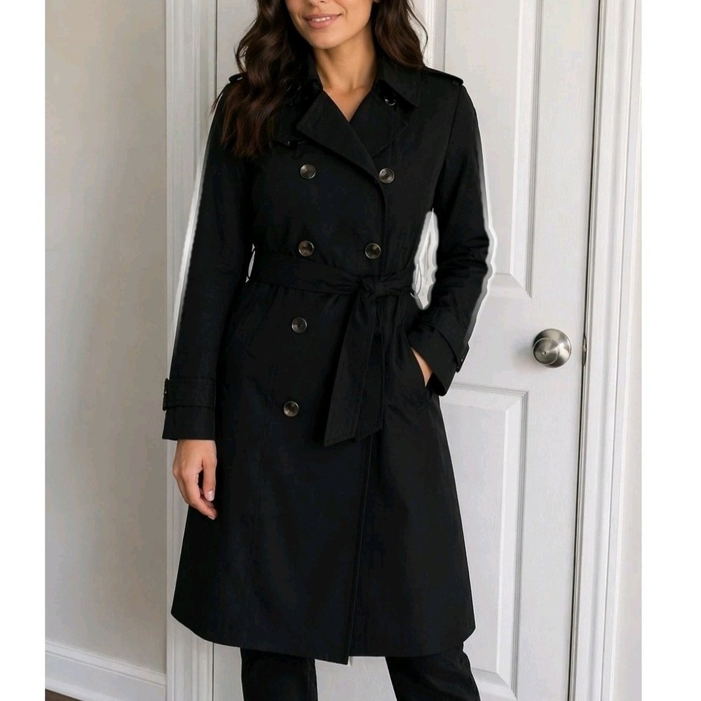 London Fog Womens Black Double Breasted Belted Trench Coat Large